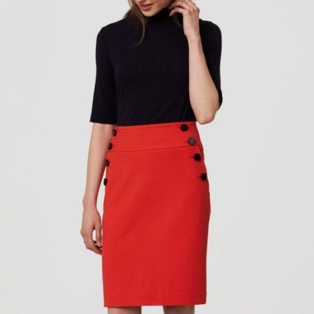 🆕 LOFT Pencil Red Skirt with Blak Buttons in the Sides - NWT